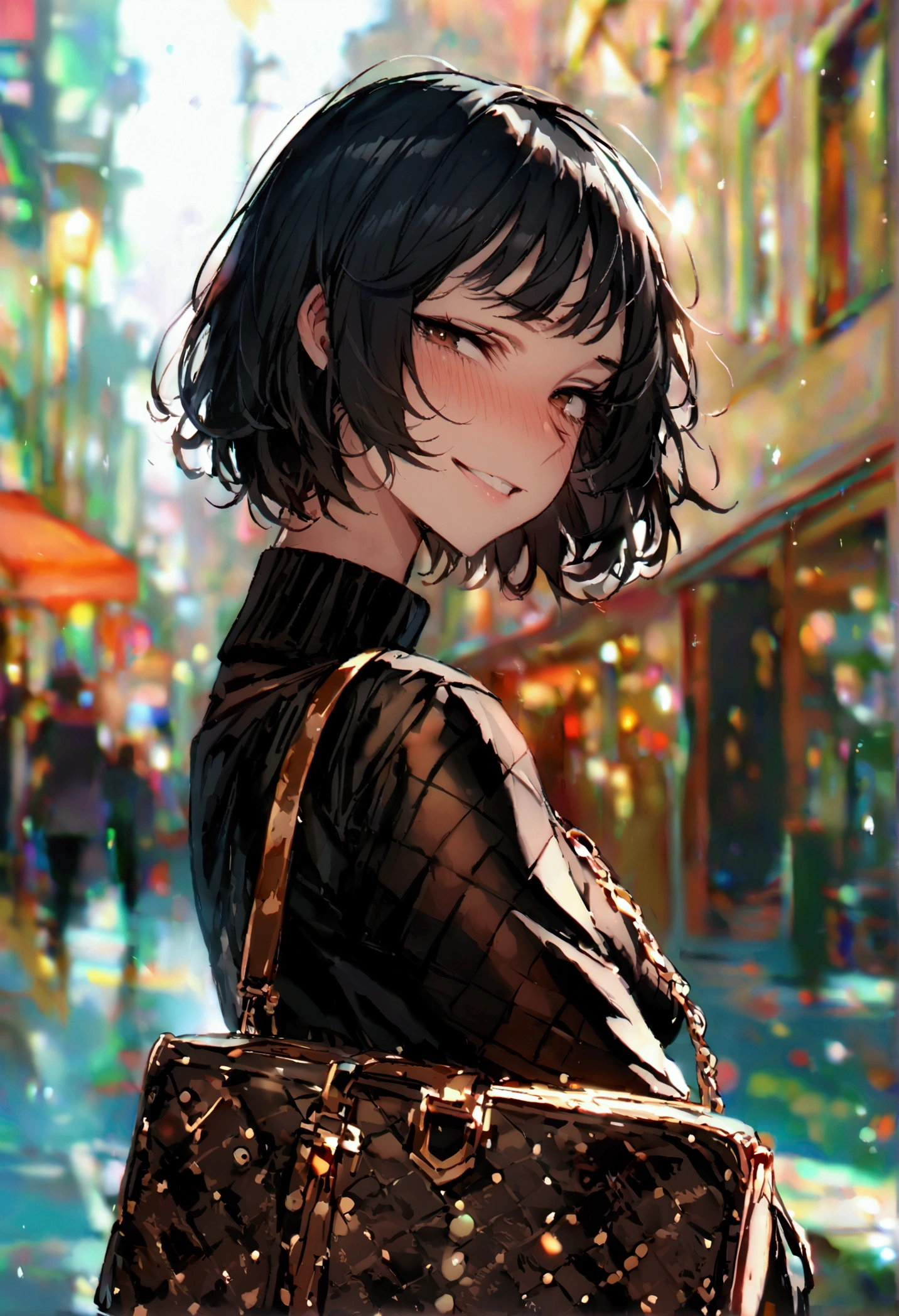 masterpiece, best quality 1girl, solo, beautiful woman, bangs, black hair, short hair, bob cut, dark brown eyes, deep blush, grin, medium breasts, black turtle neck sweeter, short black skirt, plated skirt, louis vuitton handbag, arms crossed under her breasts, looking at viewer street background