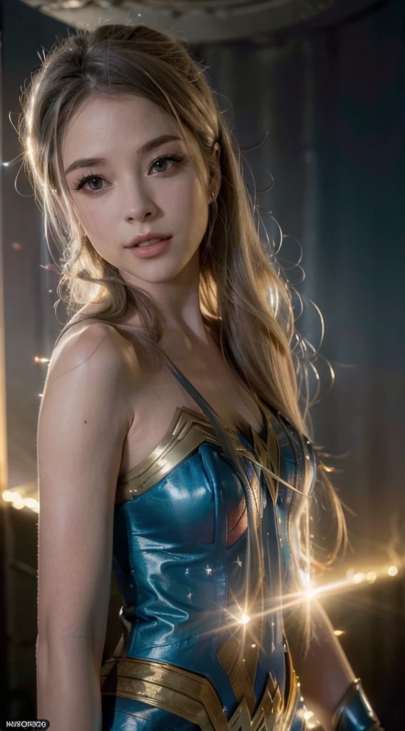 Scene from Movie, Wonder Woman from DC Close-Up, Distorted Space, Distorted Undead in the Background, Lens Flares, Light Shafts, Intricate Details, High Detailed, Volumetric Lighting, 4k Rendering, Stock Photo, Hyper-Realistic, Realistic Textures, Dramatic Lighting, Unreal Engine, blonde girl