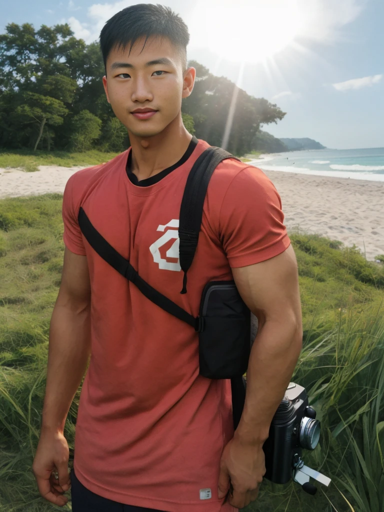 un guapo, muscular young Asian man looks at the camera. Con una sencilla camiseta negra y roja.. , Lado del campo, césped, playa, luz de sol, llevando una cámara