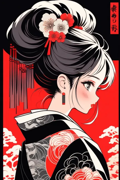 (Highest quality, sketch:1.2),Realistic,Illustrator,anime,1 Girl, Detailed lips, kimono,custom, Black and red gradient backgroun...