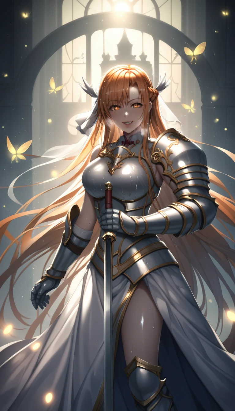 score_9, score_8_up, score_7_up, score_6_up, uncensored, Yuuki Asuna, absurdly long hair, orange eyes, orange hair, very long hair, lips, shiny skin, sweating, wet, wet hair, steaming body, heavy breathing, large breasts, detailed body, detailed eyes, smirk, upper teeth, large breasts, BREAK (masterpiece:1.2), best quality, high resolution, unity 8k wallpaper, (illustration:0.8), (beautiful detailed eyes:1.6), extremely detailed face, perfect lighting, extremely detailed CG, (perfect hands, perfect anatomy), holding, standing, weapon, female focus, sword, cape, holding weapon, armor, holding sword, shoulder armor, gauntlets, facing viewer, pauldrons, breastplate, planted, full armor, bokeh, backlighting, firefly, fireflies, hollow eyes, bright pupils, 