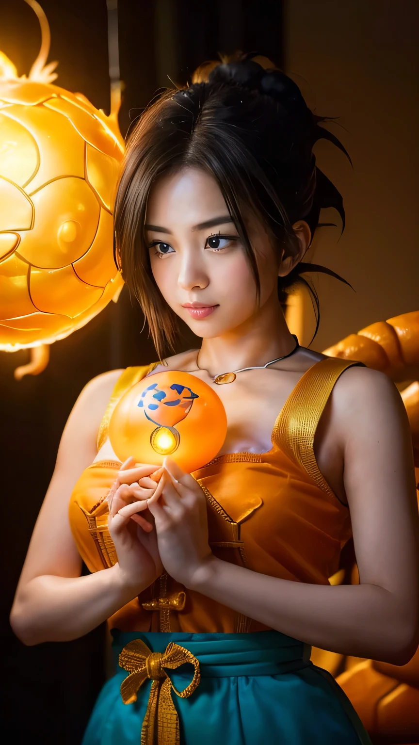 Best quality, masterpiece, high resolution, 8K Ultra HD, masterpiece, high resolution, 4k, 8k, (photorealistic: 1.2), (sharp focus), (highly detailed skin: 1.2),
one girl, cheongsam, hair ornament, necklace, jewelry, beautiful face, beautiful woman, (holding a dragon ball that emits a beautiful light in her palms with both hands clasped in front of her face), ((glowing dragon ball that emits a beautiful light: 1.5)), (staring at the dragon ball: 1.5), ((looking down: 1.5)), beautiful face illuminated by light, beautiful proportions, ample breasts, cowboy shot, milky way, double long exposure, movie still, (tyndall effect: 1.5), (dark studio: 1.5), (staring at the dragon ball: 1.5), rim lighting, two-tone lighting, 8k uhd, dslr, soft lighting, volumetric lighting, candid, photography, bokeh, (staring dragon ball: 1.5), (staring dragon ball: 1.5),