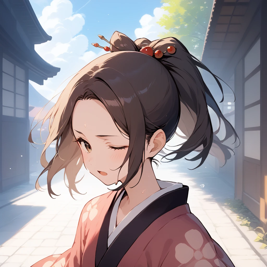 score_9, score_8_up, score_7_up, source_anime, best quality, masterpiece, official art, absurdres, highres, ultra-detailed,waifu2x,Collection: Slice of Life,break,1girl, fuu, kimono, hair ornament, hair stick, ponytail, sweat, open mouth, sleepily, outdoors, wind,break,(clear line illustration:1.2), super detailed skin,very high resolution, very aesthetic, Best sexual lighting powered by famous artist, 8k,cute picture,beauty illustration,photoshop_(medium),,(Detailed Lighting),best anime 8k konachan wallpaper, pixiv contest winner, 