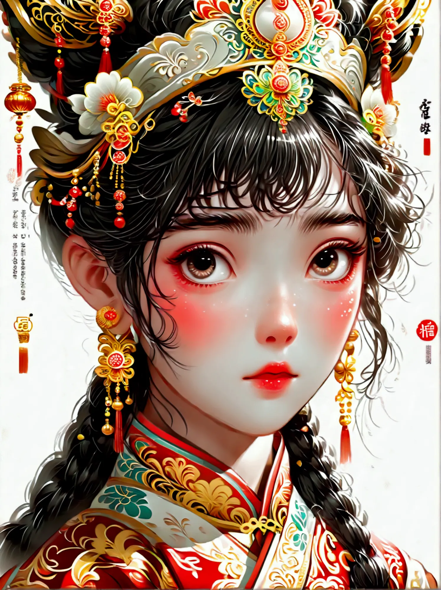 cute and humorous q version chinese girl，big eyes，bust，sticker，6 different facial expressions，expression board，various poses and...