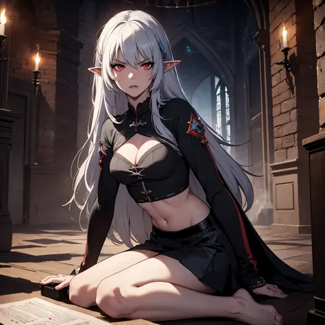 1girl, (solo), alice, vampire, grey hair, long hair, red eyes, pointy ears, serious face, small breasts, small size, sexy black ...