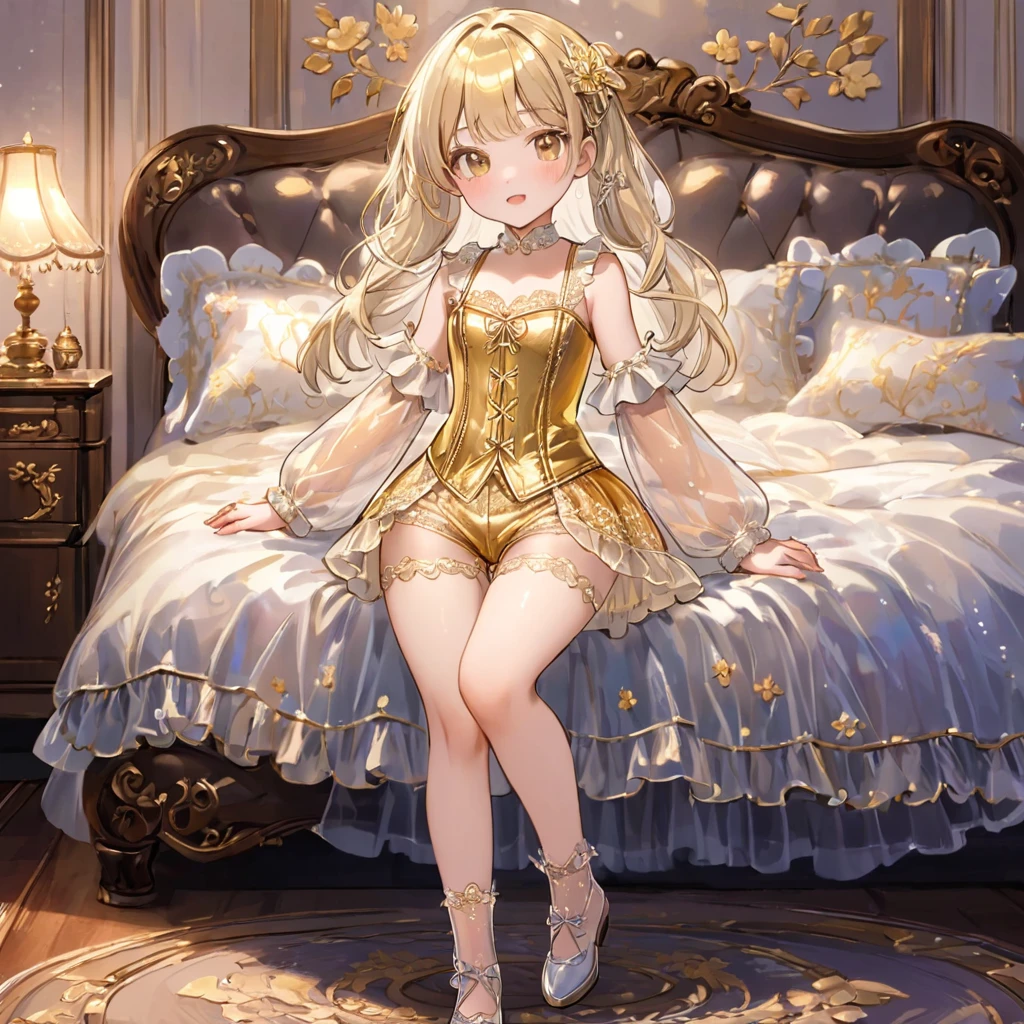  Mädchen, １Menschen々、Pyjama、Stickereien mit Gold- und Silberfäden、Translucent undertragen that reaches below the knee（Pumphose）tragen、tragen a semi-transparent corset、Durchscheinender Schlupf