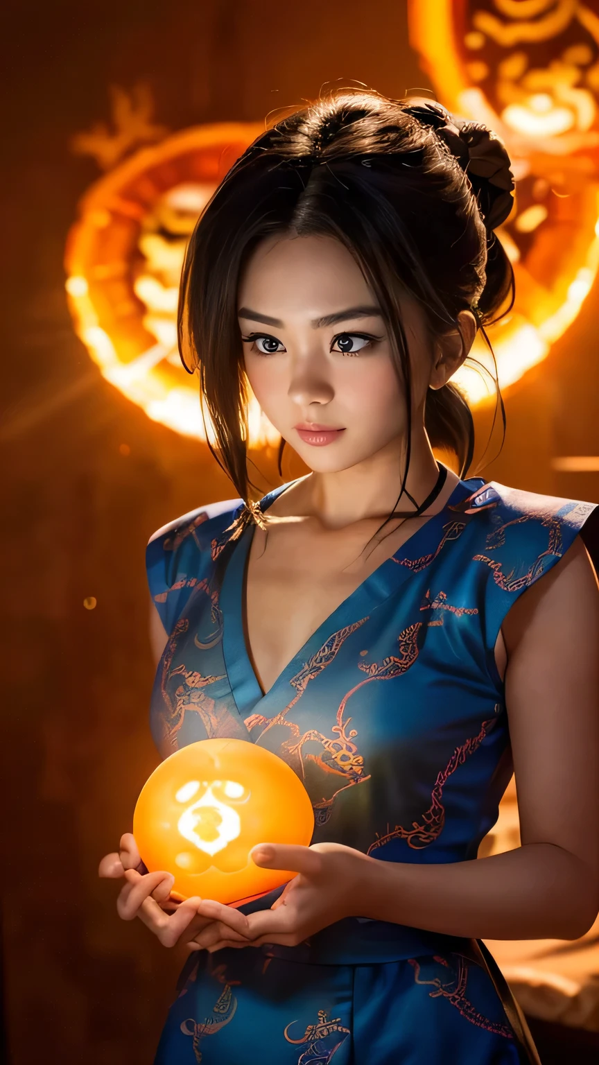 Best quality, masterpiece, high resolution, 8K Ultra HD, masterpiece, high resolution, 4k, 8k, (photorealistic: 1.2), (sharp focus), (highly detailed skin: 1.2),
one girl, cheongsam, hair ornament, necklace, jewelry, beautiful face, beautiful woman, (holding a dragon ball that emits a beautiful light in her palms with both hands clasped in front of her face), ((glowing dragon ball that emits a beautiful light: 1.5)), (staring at the dragon ball: 1.5), ((looking down: 1.5)), beautiful face illuminated by light, beautiful proportions, ample breasts, cowboy shot, milky way, double long exposure, movie still, (tyndall effect: 1.5), (dark studio: 1.5), (staring at the dragon ball: 1.5), rim lighting, two-tone lighting, 8k uhd, dslr, soft lighting, volumetric lighting, candid, photography, bokeh, (staring dragon ball: 1.5), (staring dragon ball: 1.5),