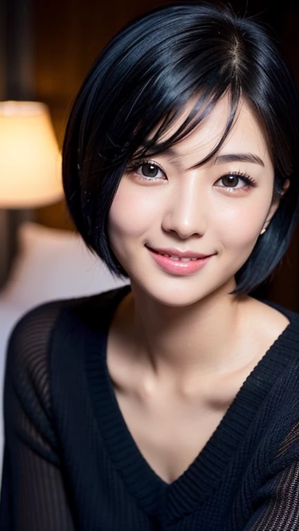 Highest quality、Japanese women、The most beautiful woman in the world、sexy、Blue-black hair color、Short Hair Style、Small face、Beautiful skin、night、Large breasts、Realistic、smile、Black sweater