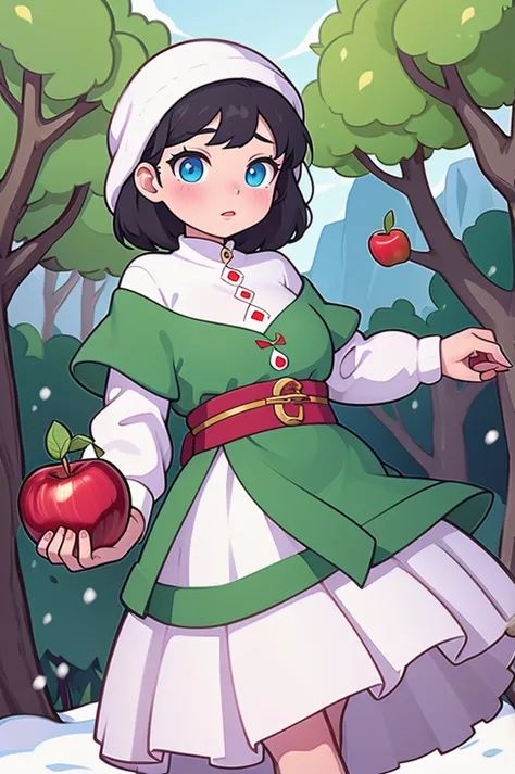 Snow white, holding a apple, on the forest