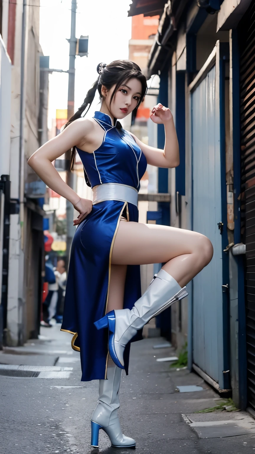 قم بإنشاء صورة لـ Chun-Li من Street Fighter, القتال في زقاق خلفي في المناطق الحضرية. إنها تؤدي ركلة عالية ضد الخصم. يرتدي Chun-Li فستانًا صينيًا أزرق وحذاء طويل أبيض, مع حلقات مسننة على معصميها. يجب أن تشمل الخلفية مباني المدينة والأزقة. التقط الحركة الديناميكية والتعبير المكثف على وجهها, مؤكدا على حركتها في تكوين قوي ودرامي.
