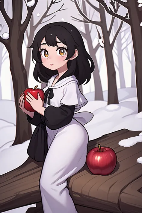 Snow white, black hair,  holding a apple, on the forest