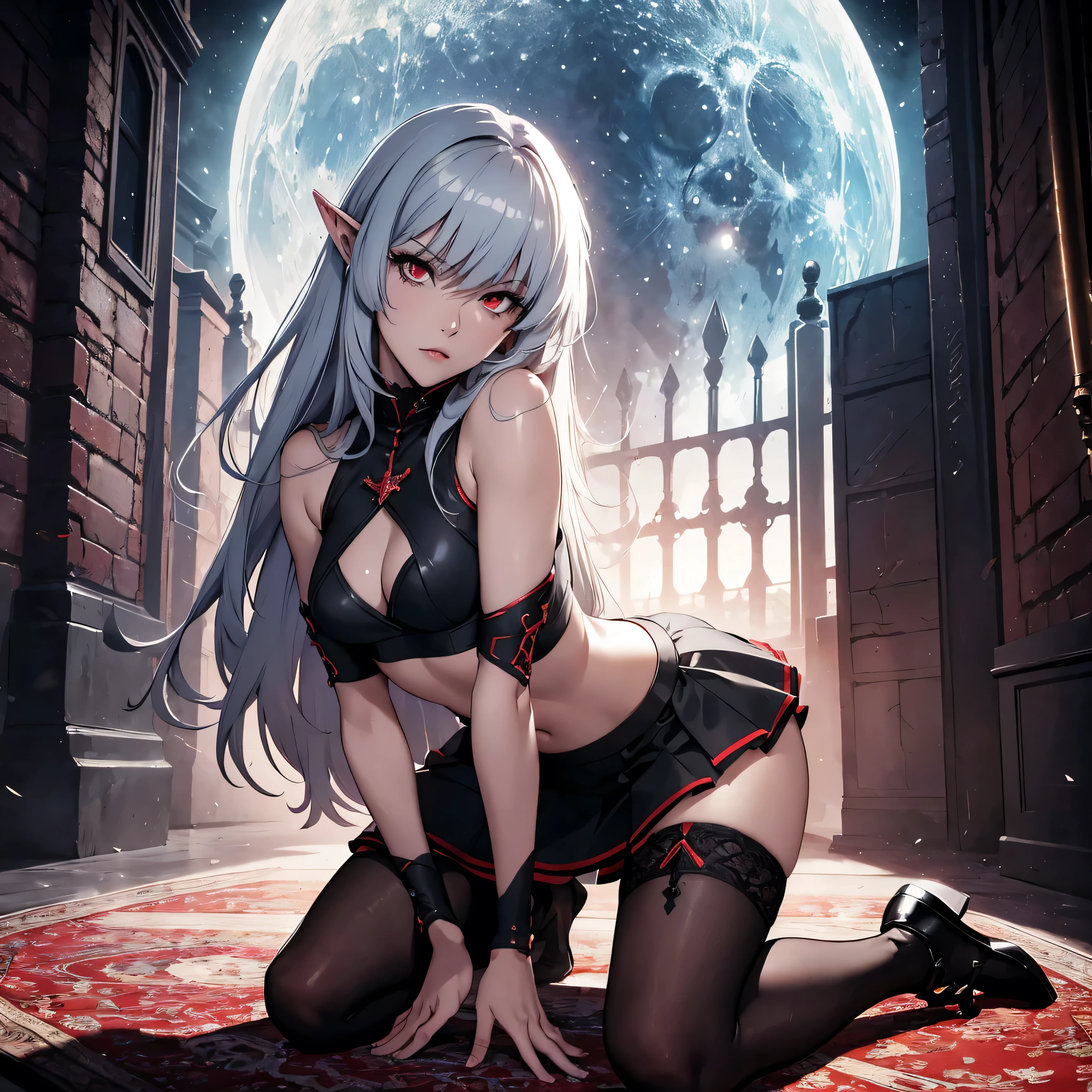 1girl, (solo), alice, vampire, grey hair, long hair, red eyes, pointy ears, serious face, small breasts, small size, sexy black crop top, sexy black little skirt, sex view, naked sex, full body, very lots of cum on sex, kneeling down, medieval castle room, (night), white moon, (very sexy body, detailed face, masterpiece, highly detailed, 8k, best quality, vibrant colors, digital art, concept art)