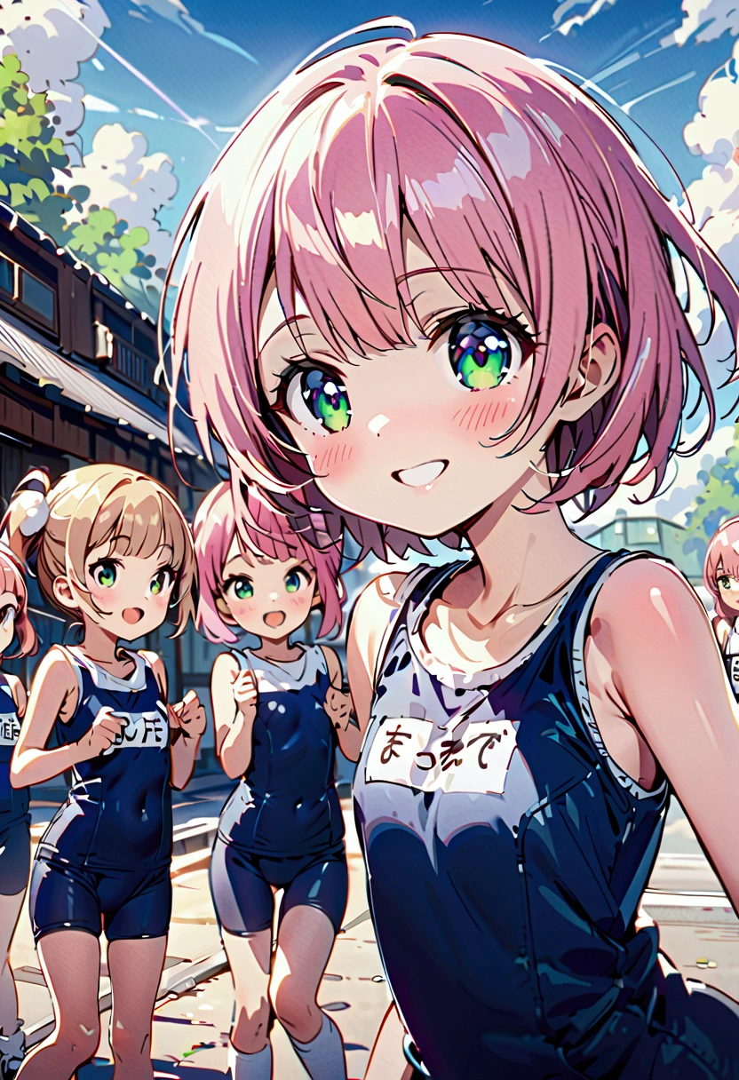 Pink Hair、Five elementary school girls、School Swimsuit、Blushing、smile