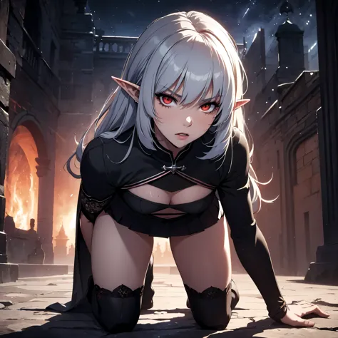 1girl, (solo), alice, vampire, grey hair, long hair, red eyes, pointy ears, serious face, small breasts, small size, sexy black ...