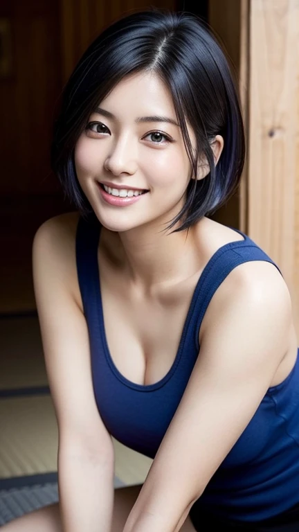 Highest quality、Japanese women、The most beautiful woman in the world、sexy、Blue-black hair color、Short Hair Style、Small face、Beautiful skin、Daytime、outside、、Large breasts、Realistic、A big smile、Red Tank Top