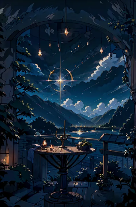 {{{crescent moon,tabletop}}}, {{highest quality, ultra-fine illustrations, beautiful and delicate water}}, {{very delicate light...