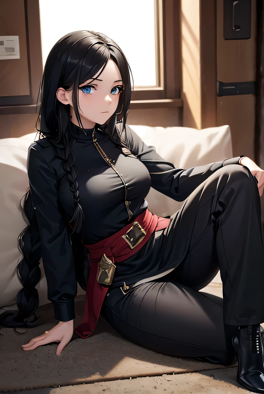 ((masterpiece)), (bestquality), ((ultra-detailed)), depth of field, (dynamic angle), (beautiful detailed blue eyes), 1woman, ((full body portrait)),((voluminous long black hair styled into one single long braid down to her waist)), sitting in ruins, ((wearing a black military uhlan tunic)), perfect Body, medium bust, Apocalypse, ((holding a pistol in her hand, looking at a pistol in her hand)),