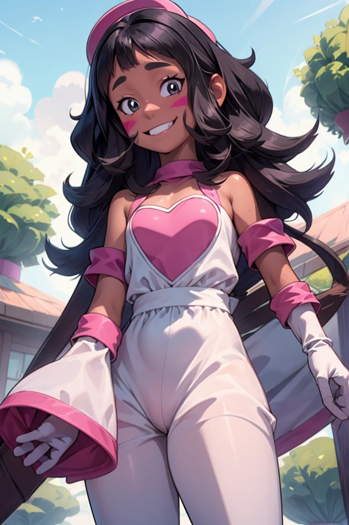 (rouge_the_bat_(cosplay):1), white elbow gloves, bare shoulders, bat wings, ((masterpiece,best quality)), connie maheswaran, long hair, black hair, pink blade, whisker markings, cowboy shot, smile,