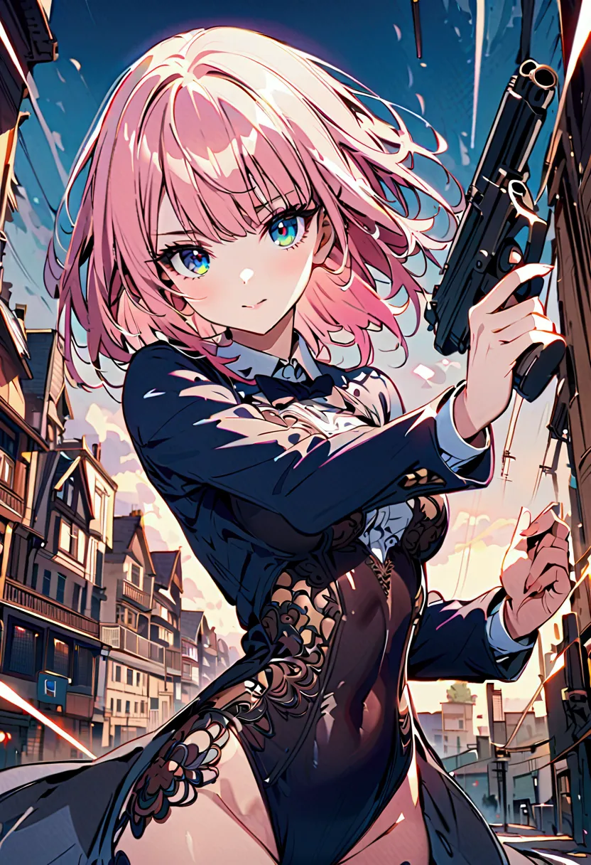 spy、intelligence、pink haired girl、blue eyes、holding a gun、leotard