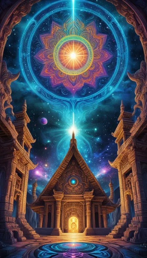mythical cosmic shrine, epic shamanic dmt art, ancient alien portal, dmt temple, an interdimensional being. cosmic, aerials