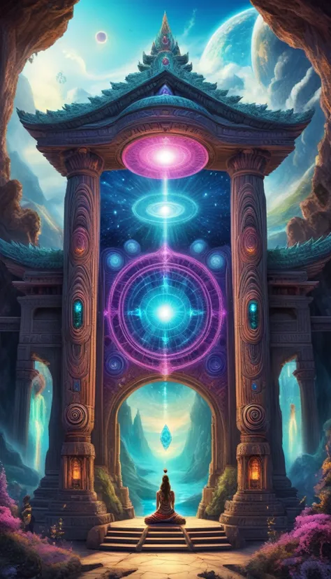 mythical cosmic shrine, epic shamanic dmt art, ancient alien portal, dmt temple, an interdimensional being. cosmic, aerials