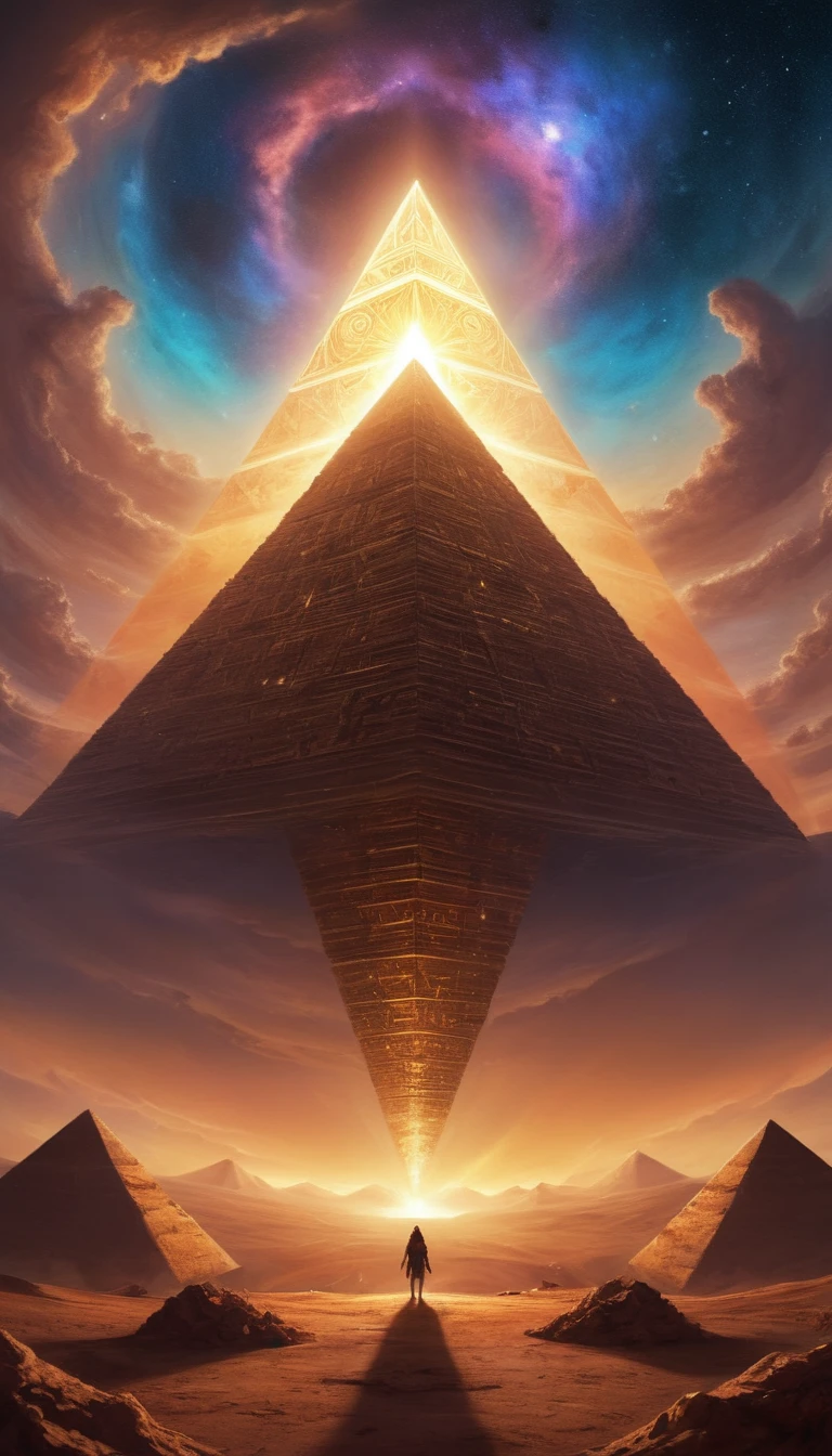 Surreal, cosmic-themed digital artwork featuring a upside-down pyramid-like structure emitting a bright, golden light from its apex. The pyramid is adorned with intricate, glowing symbols. Below the pyramid, a human figure stands on a barren, reddish landscape, bathed in the light from the pyramid. The figure appears to be looking upwards, with a beam of light connecting them to the pyramid. The background is a vibrant, star-filled galaxy with swirling clouds of colorful nebulae, creating a mystical and otherworldly atmosphere.