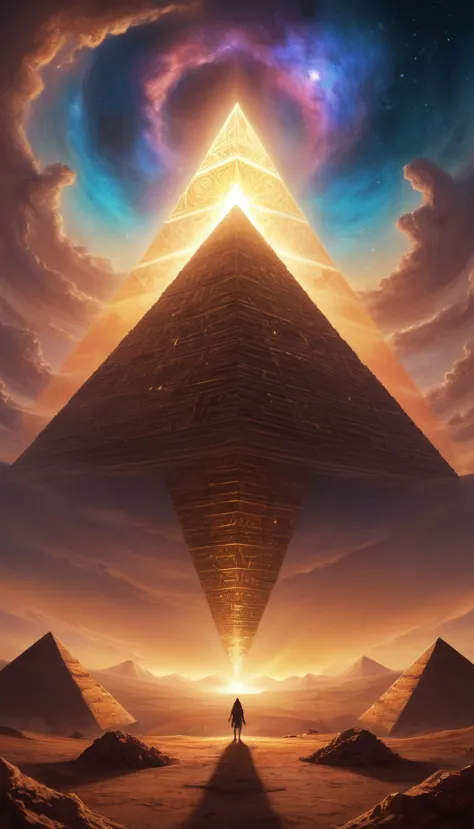 Surreal, cosmic-themed digital artwork featuring a upside-down pyramid-like structure emitting a bright, golden light from its a...