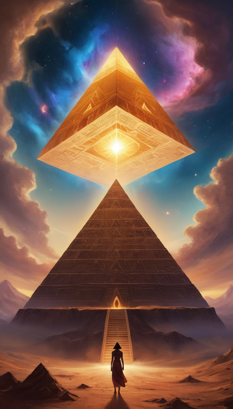 Surreal, cosmic-themed digital artwork featuring a upside-down pyramid-like structure emitting a bright, golden light from its apex. The pyramid is adorned with intricate, glowing symbols. Below the pyramid, a human figure stands on a barren, reddish landscape, bathed in the light from the pyramid. The figure appears to be looking upwards, with a beam of light connecting them to the pyramid. The background is a vibrant, star-filled galaxy with swirling clouds of colorful nebulae, creating a mystical and otherworldly atmosphere.