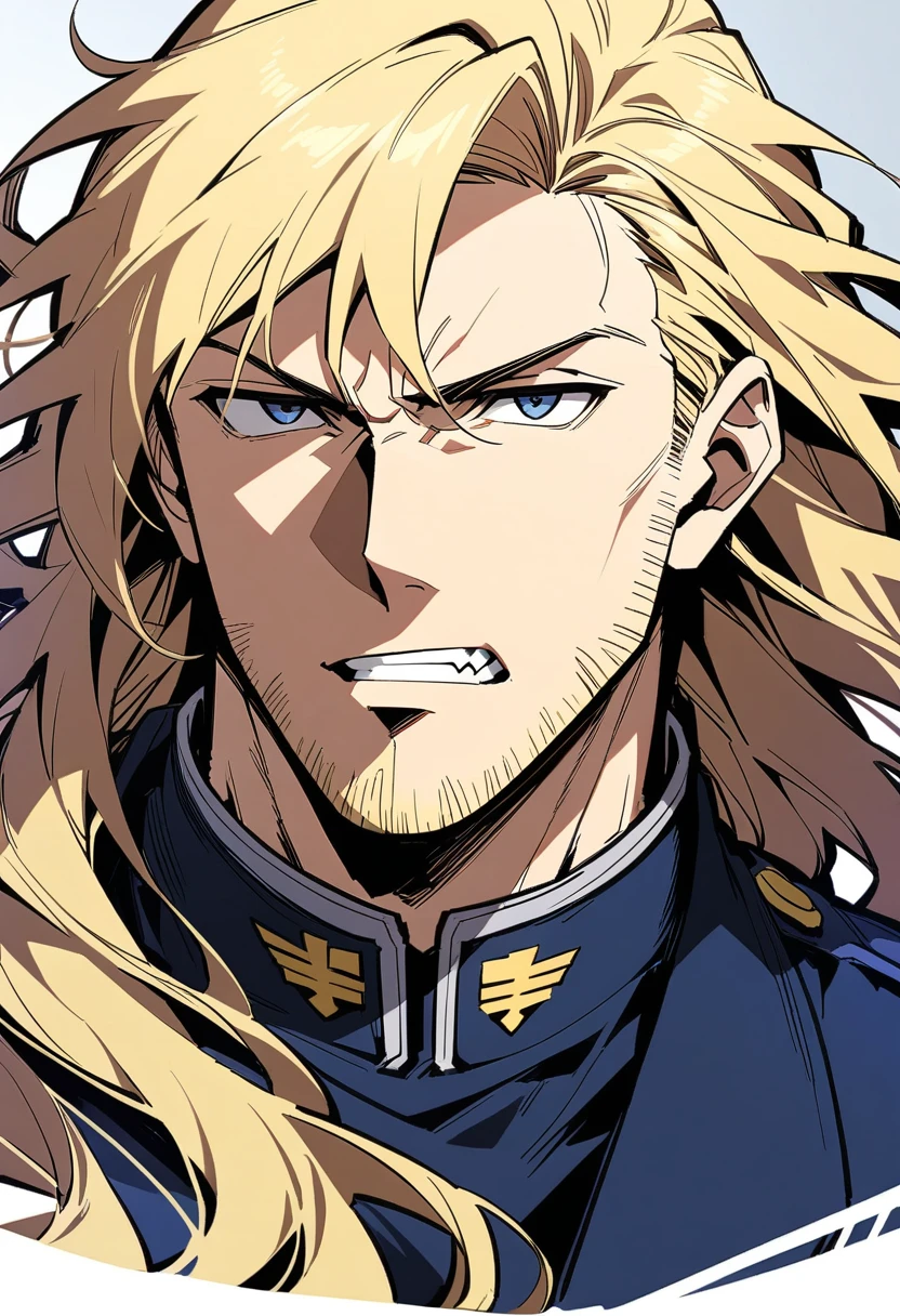 male, late 30s, ((blond, shoulder-length, middle-part wavy hair)), light-purple, deep-set, Sanpaku eyes, slightly thick blond beard, aquiline and hooked nose, slightly underbite, chiseled, slightly long face, fearless expression, navy blue military uniform, portrait