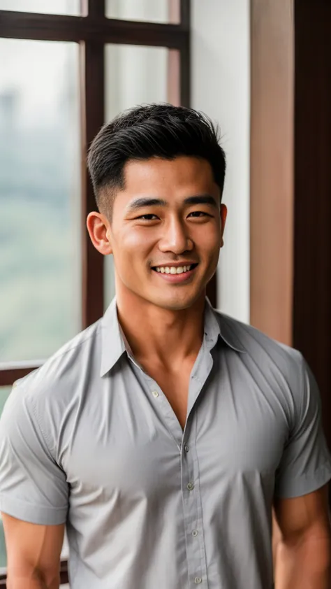 ((highest quality, 8k, masterpiece: 1.3))、thailand laos burma asia, thai man, a handsome asian rugby player with short hair, a m...