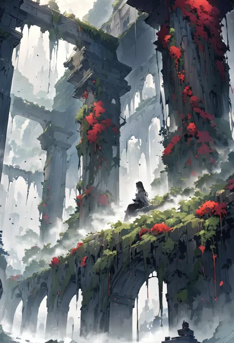 Poster Quality,Girl sitting on ruins、(The pillars are covered with ivy.々The red rose-like flowers bloom in:0.9)、(The whole place...