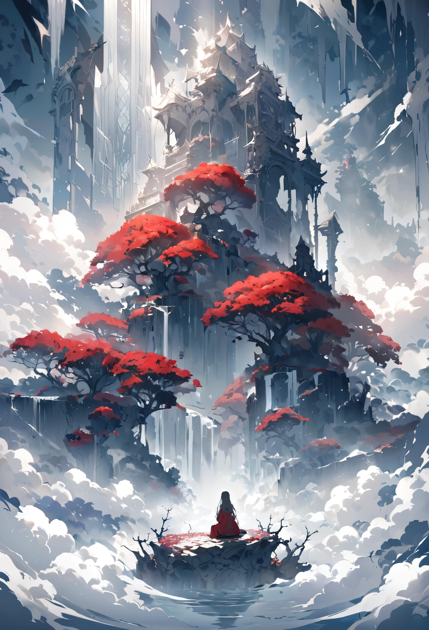 Poster Quality,Girl sitting on ruins、(The pillars are covered with ivy.々The red rose-like flowers bloom in:0.9)、(The whole place is covered in mist, creating a fantastical landscape.:1.5)