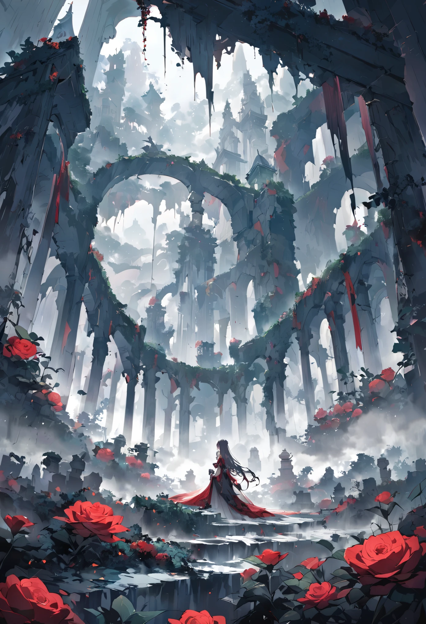 Calidad del póster,Chica sentada sobre ruinas、(Los pilares están cubiertos de hiedra..々Las flores rojas parecidas a rosas florecen en:0.9)、(Todo el lugar está cubierto de niebla., creando un paisaje fantástico.:1.5)