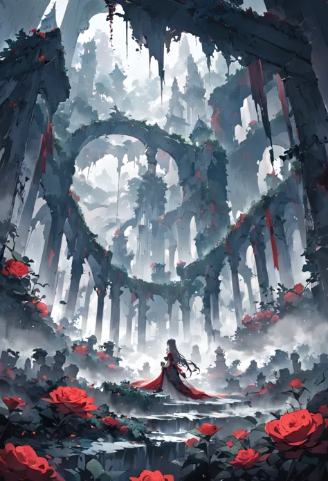 poster quality,girl sitting on ruins、(the pillars are covered with ivy.々the red rose-like flowers bloom in:0.9)、(the whole place...