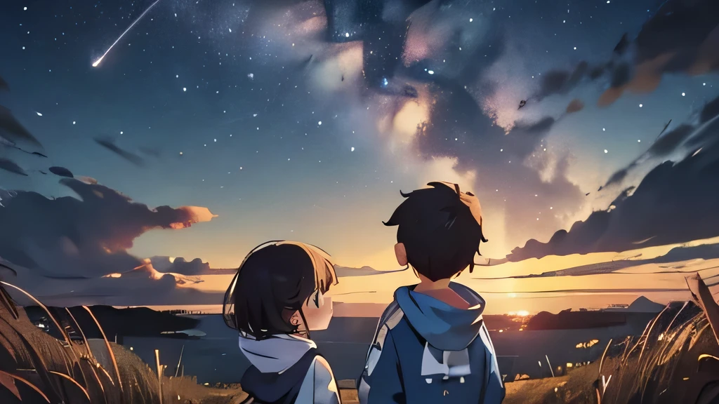 2 male and female Children (1 boy in navy blue hoodie,  and girl in light blue jacket) looking up at the Milky Way, One shooting star, Summer night sky, celestial, wallpaper, 4k, beautiful sunset scenery, boy and girl, rear view, behind head, low angle, master art, from behind, anime scenery wallpaper, 4k, 2 children, standing in field