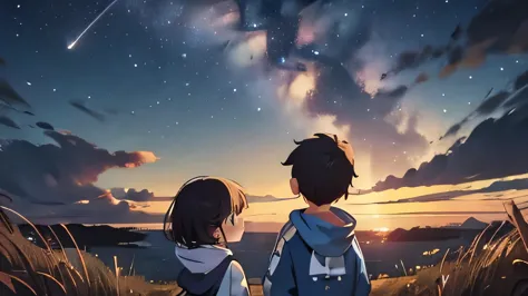 2 male and female Children (1 boy in navy blue hoodie,  and girl in light blue jacket) looking up at the Milky Way, One shooting...