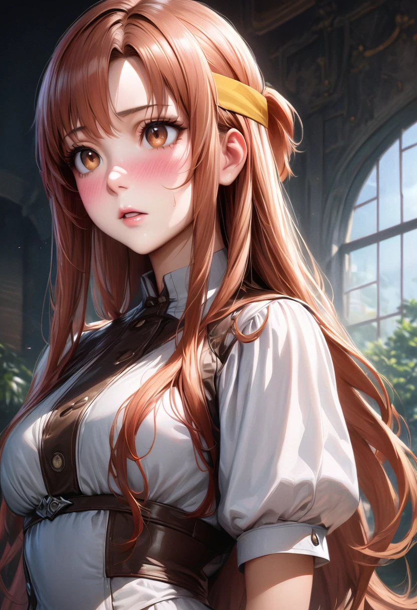 Yuuki Asuna, ((masterpiece)), High resolution, (( Highest quality, High resolution,, Pixel perfect, 4K))), 1 Girl, single, alone, Beautiful woman、I could see the whole body、 ((Long Straight Wavy Hair, bangs, Redhead、Yellow headband、)), ((Brown eyes, Beautiful eyelashes, Realistic eyes)), ((Detailed face, blush:1.2)), ((Smooth texture:0.75, Realistic texture:0.65, Realistic:1.1, Anime CG Style)),Embarrassed face、 Big Breasts、(nude、、Swollen nipples、Sucking penis、Sweat all over the body、vapor、high school girl、Handjob、Kneeling,Manga style
