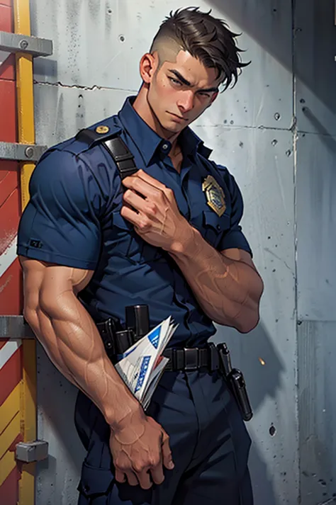 32k, high quality , Detailed face , Fine hand , Detailed muscles , Short Hair , Police officer in jail