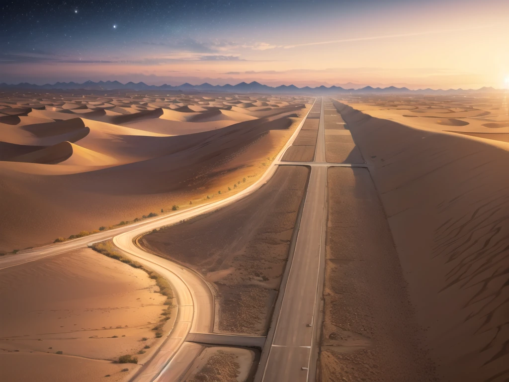 (desert  :1.2),road ,(รถวิ่งบนroad:1.2)  landscape:1.5 ,(Many cars:1.2) ,nighttime 