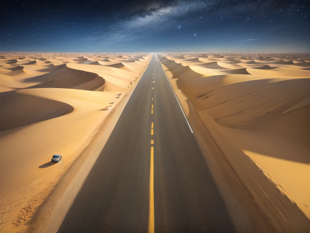 (desert  :1.2),road ,(รถวิ่งบนroad:1.2)  landscape:1.5 ,(Many cars:1.2) ,nighttime 