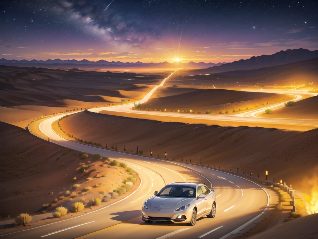 (desert  :1.2),road ,(รถวิ่งบนroad:1.2)  landscape:1.5 ,(Many cars:1.2) ,nighttime 