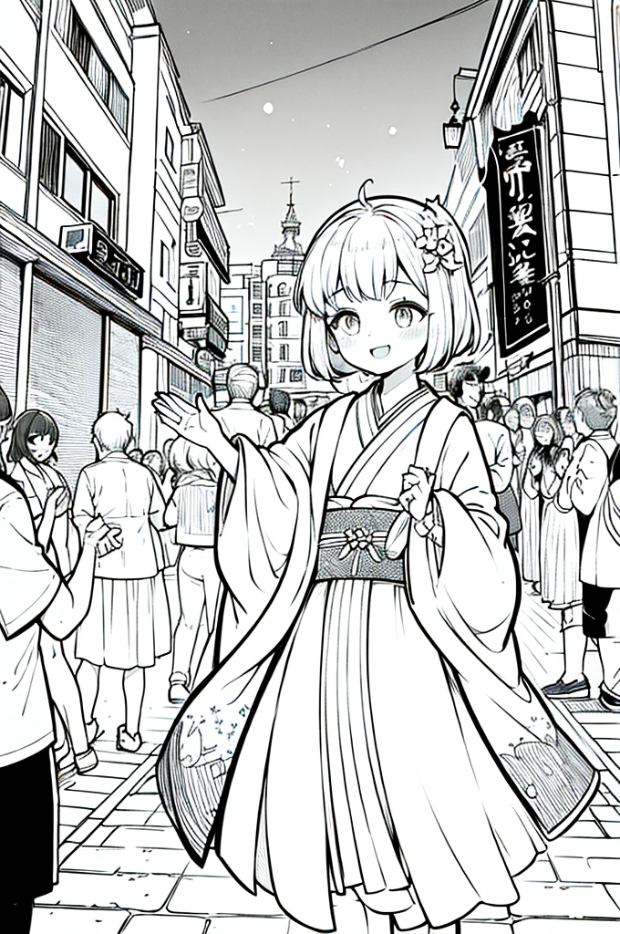 As a coloring book, the color should be black and white, the border should be simple, clear, and bold. A bubbly Asian girl with a contagious smile is enjoying a lively [matsuri festival] in the bustling streets of Tokyo. She is wearing a festive [kimono with goldfish pattern], the vibrant colors blending with the energy of the crowd. The girl's hands are clapping to the rhythm of the music, and her hair is adorned with a colorful [hair ornament]. The festival lanterns and street decorations provide a festive backdrop for the coloring book illustration.
