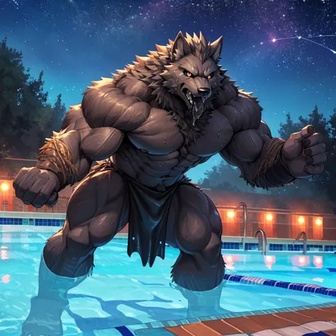(Highest quality:1.2), (masterpiece:1.2), anime, ultra detailed
, Shaggy male black wolf, Black Wolf, great physique,Strong arms...