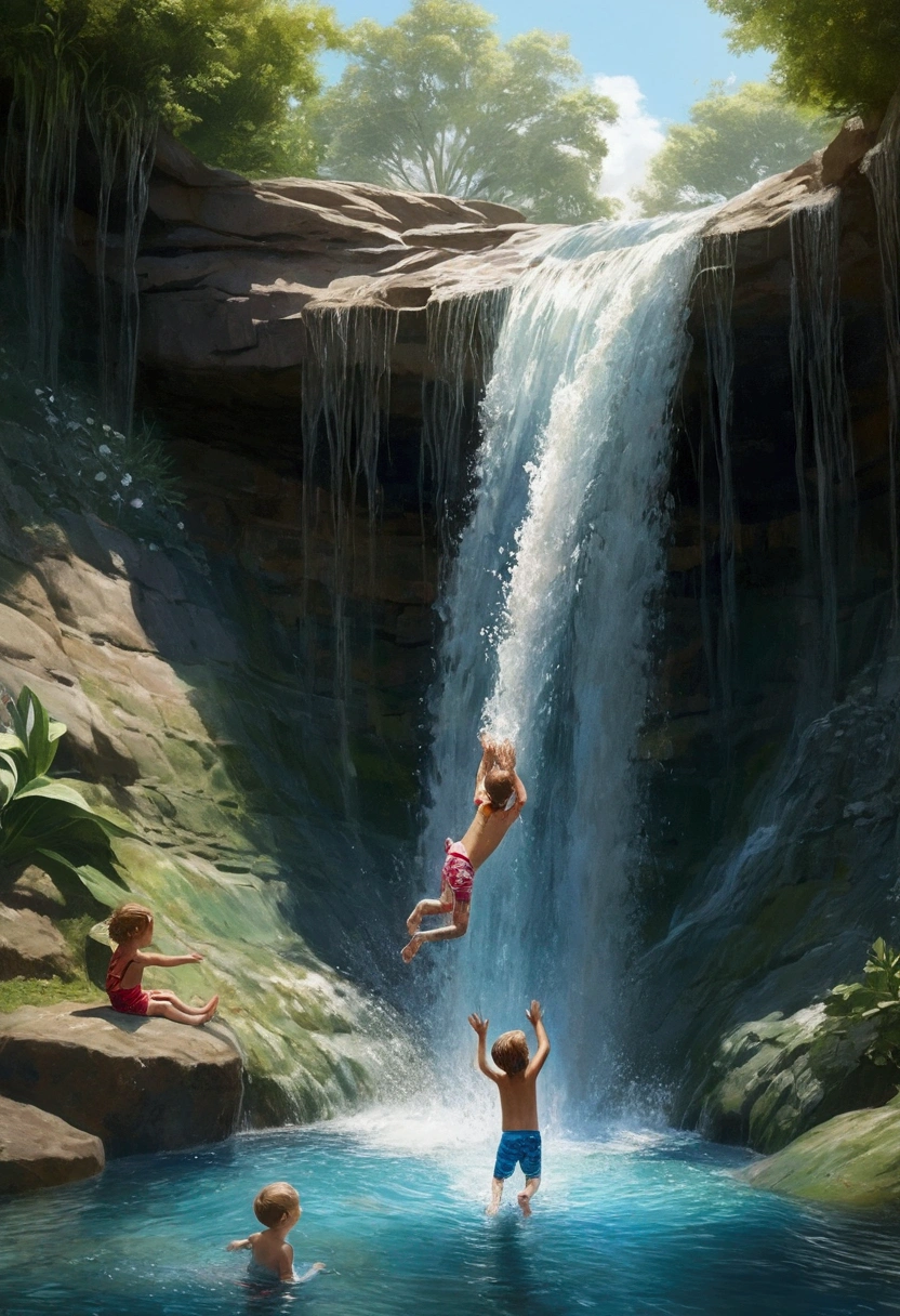 Highest quality, Super detailed, (Realistic), Kids playing in the waterfall, Children swimming, Children&#39;s Diving, Kids having fun