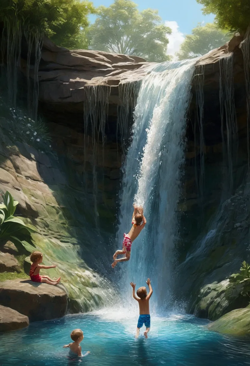 highest quality, super detailed, (realistic), kids playing in the waterfall, children swimming, children&#39;s diving, kids havi...