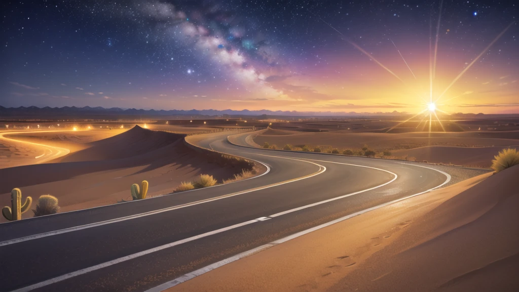 (desert  :1.2),road ,(รถวิ่งบนroad:1.2)  landscape:1.5 ,(Many cars:1.2) ,nighttime 