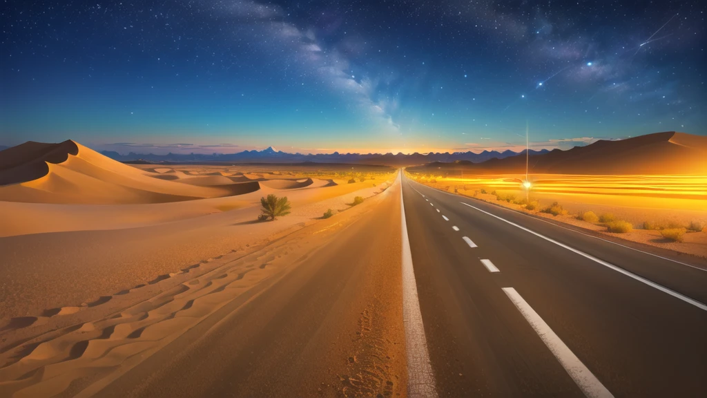 (desert  :1.2),road ,(รถวิ่งบนroad:1.2)  landscape:1.5 ,(Many cars:1.2) ,nighttime 