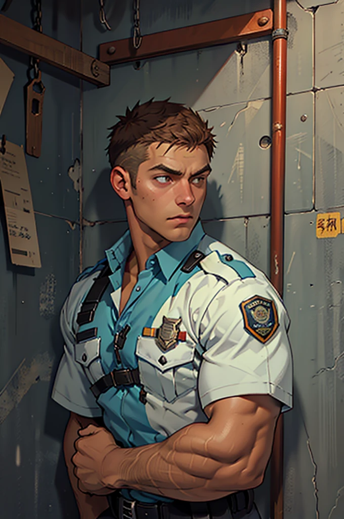 32k, high quality , Detailed face , Detailed eyes, muscle , Short Hair , A police officer imprisoned in a cell with rusty iron bars