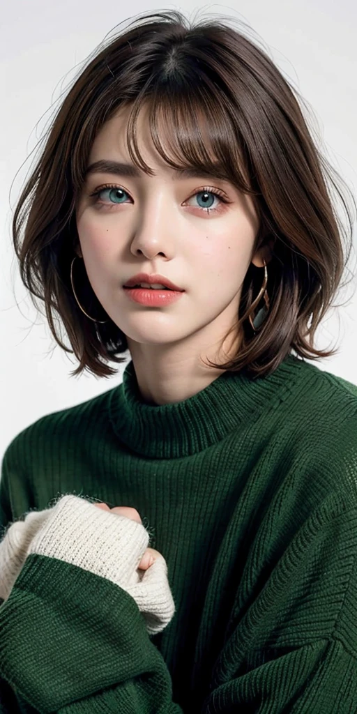 chica, Pelo castaño, corte de pelo bob, con flequillo, chaqueta para la nieve morada con suéter verde en el interior, manos cruzadas, expresión un poco seria, ojos grandes,  guantes blancos, blue eyes,profesional, Cine, studio