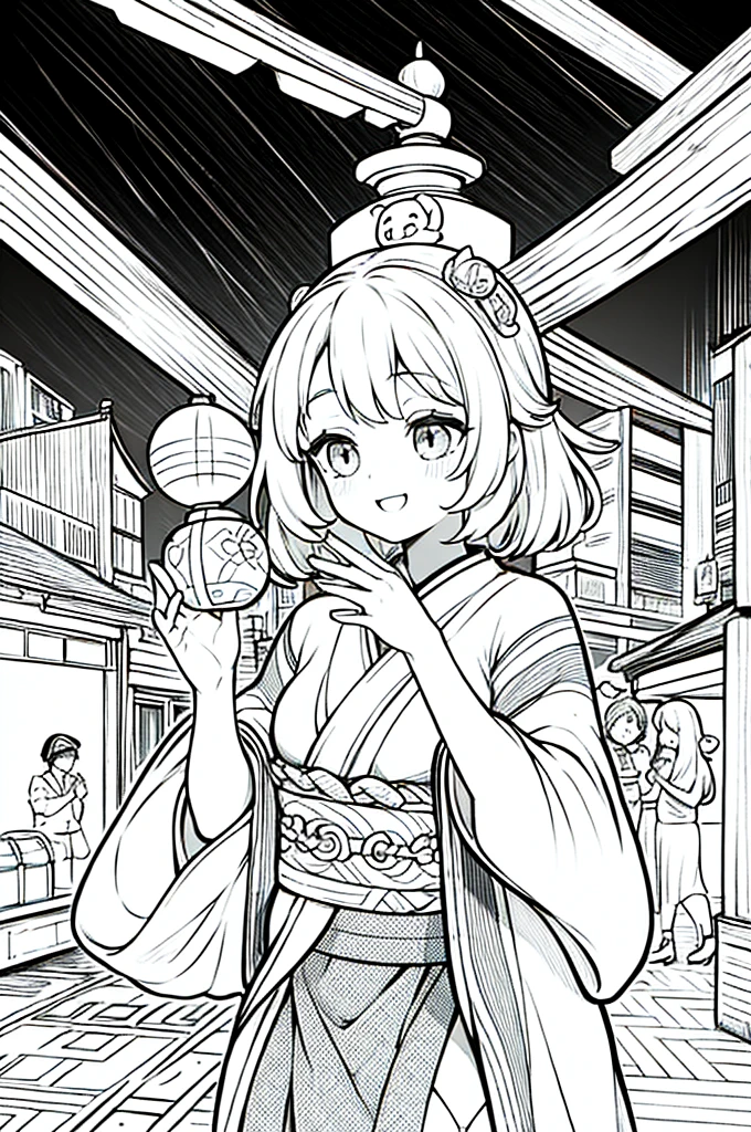 As a coloring book, the color should be black and white, the border should be simple, clear, and bold. A bubbly Asian girl with a contagious smile is enjoying a lively [matsuri festival] in the bustling streets of Tokyo. She is wearing a festive [kimono with goldfish pattern], the vibrant colors blending with the energy of the crowd. The girl's hands are clapping to the rhythm of the music, and her hair is adorned with a colorful [hair ornament]. The festival lanterns and street decorations provide a festive backdrop for the coloring book illustration.
